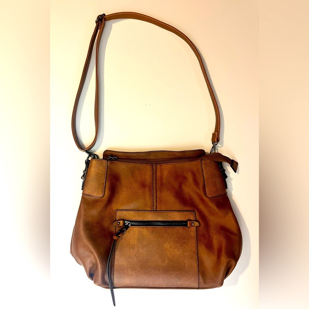Realer Brown Faux Leather Bag Shoulder or Crossbody Purse Multiple Pockets